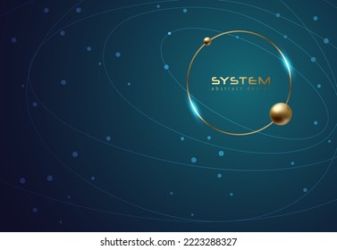 Futuristic orbit fluorescent line and dots business tech blue background design. Globe data network elements abstract dark background. Golden circle logo frame with gold sphere satellite