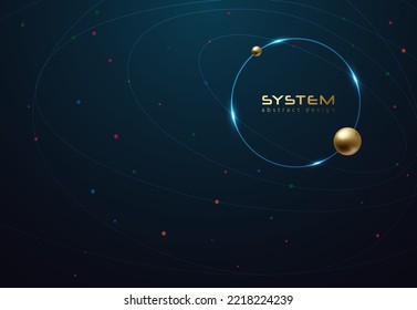 Futuristic orbit line and color dots business tech dark blue background design. Globe data network elements abstract dark background. Glow circle logo frame with gold sphere satellite