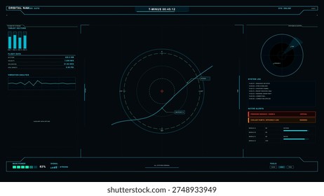 A futuristic orbital navigation interface displays flight data, thrust vectors, and system alerts on a dark digital screen with cyan graphics, a central radar map, and power status indicators.