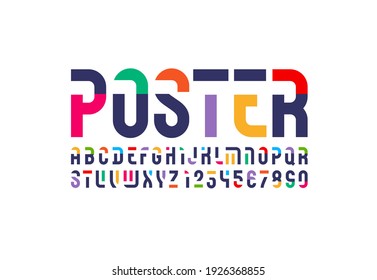 Futuristic original font, sci fi display stencil alphabet, modern geometric modular letters and numbers, vector illustration 10EPS