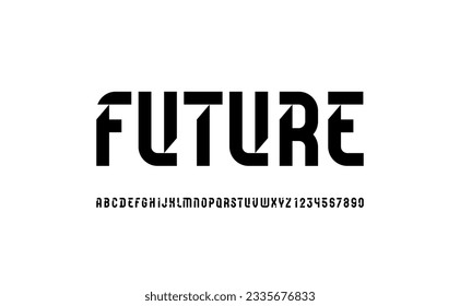 Futuristische Originalschriftart, sci-fi-Bildschirmausschnitt-Alphabet, moderne geometrische modulare Buchstaben und Zahlen, Vektorgrafik 10EPS