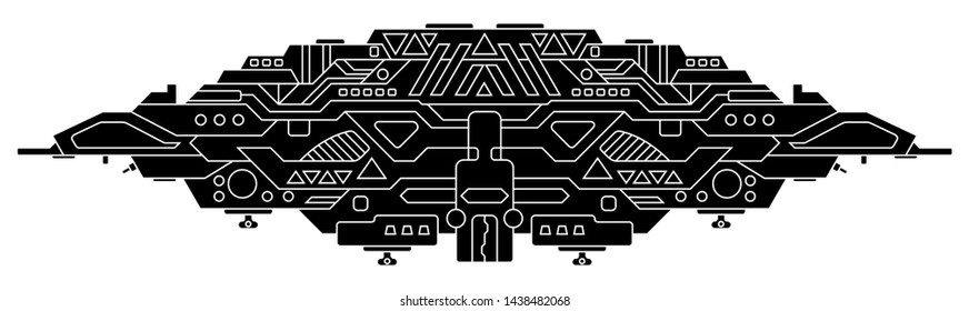 Futuristic outer space battle starship. UFO (unidentified flying object) aliens. Detailed vector illustration