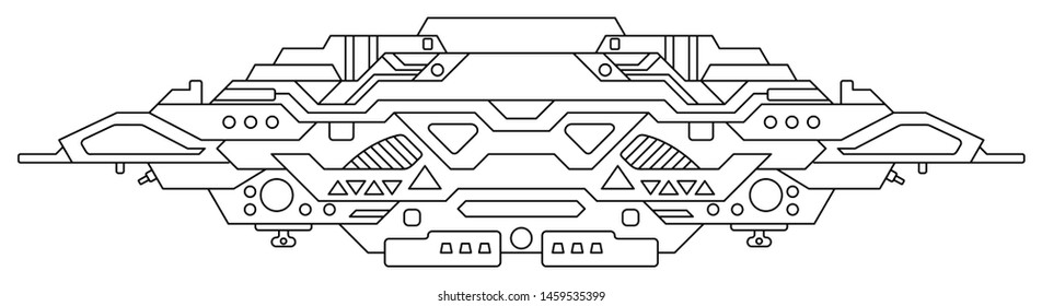 Futuristic outer space battle starship. UFO (unidentified flying object) aliens. Detailed vector illustration