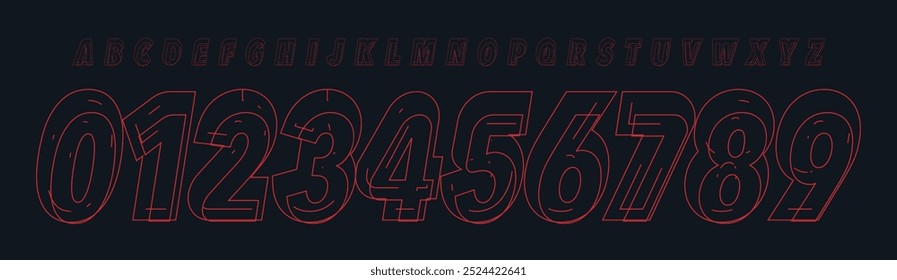 Futuristic outline font, sleek minimalistic numbers and letters for modern tech appeal, sports branding, jersey numbers, team merchandise. Vector typeset.