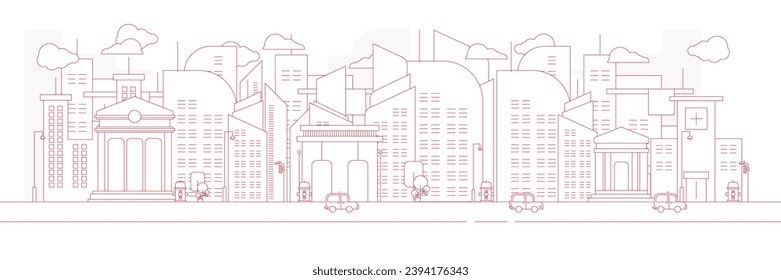 Futuristic outline urban landmark silhouette skyline cityscape with city car and panoramic buildings background vector illustration in flat design style on white background