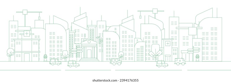 Futuristic outline urban landmark silhouette skyline cityscape with city car and panoramic buildings background vector illustration in flat design style