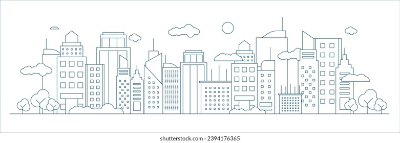 Futuristic outline urban landmark silhouette skyline cityscape with city car and panoramic buildings background vector illustration in flat design style on white background