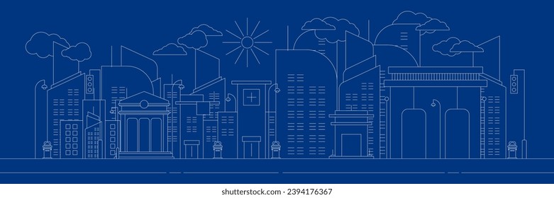 Futuristic outline urban landmark silhouette skyline cityscape with city car and panoramic buildings background vector illustration in flat design style on red lines
