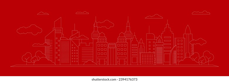 Futuristic outline urban landmark silhouette skyline cityscape with city car and panoramic buildings background vector illustration in flat design style on red background