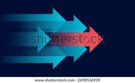 Futuristic overlapping digital pixel arrows in blue and red tones pointing forward on dark background, vector illustration for technology and progress concept.