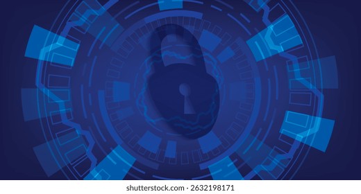 Ilustración vectorial de candado futurista. Protección contra ciberataques. Protección contra ataques de virus. Sistema seguro antivirus global. Fondo azul Abstractas con varios Elementos de tecnología.