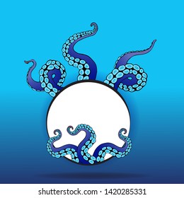 Futuristic  page template with colorful tentacles of an octopus frame, ocean motive flat cute cartoon illustration for web and print, cute decoration.