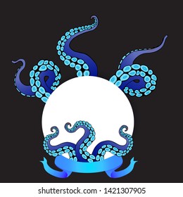 Futuristic  page template with colorful tentacles of an octopus frame, ocean motive flat cute cartoon illustration for web and print, cute decoration.