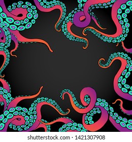 Futuristic  page template with colorful tentacles of an octopus frame, ocean motive flat cute cartoon illustration for web and print, cute decoration.