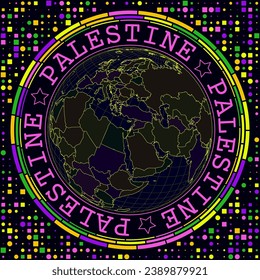 Futuristic Palestine on globe. Bright neon satelite view of the world centered to Palestine. Geographical illustration with shape of country and geometric background. Beautiful vector illustration.