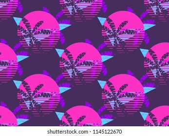 Futuristic palm tree and sun seamless pattern. Synthwave retro background 1980s style. Retrowave. Vector illustration