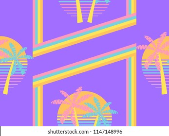 Futuristic palm tree and sun seamless pattern. Synthwave retro background 1980s style. Retrowave. Vector illustration