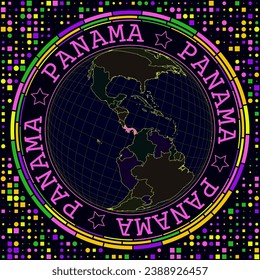 Futuristic Panama on globe. Bright neon satelite view of the world centered to Panama. Geographical illustration with shape of country and geometric background. Powerful vector illustration.