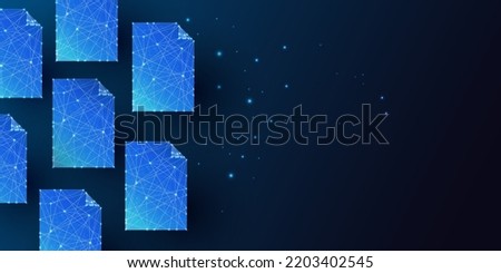 Futuristic paper documents on dark blue background horizontal banner. Glowing low polygonal style.