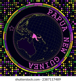 Futuristic Papua New Guinea on globe. Bright neon satellite view of the world centered on Papua New Guinea. Geographical illustration with shape of country and geometric background.