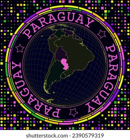 Futuristic Paraguay on globe. Bright neon satellite view of the world centered on Paraguay. Geographical illustration with shape of country and geometric background. Captivating vector illustration.