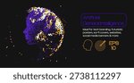 Futuristic particle silhouette of human head exploding in purple background with glowing white, orange, yellow dots on dark space. Conceptual vector illustration for artificial general intelligence, AGI tech branding, sci-fi posters, futuristic AI covers, social media banners themes.