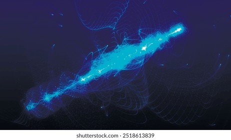 Futuristische Partikelwelle. Abstrakter technologischer Hintergrund. Weltraumwaffe. Laser. Kreisförmig, Schallwelle. Visualisierung großer Datenmengen. Webeffekt. Vektorgrafik.