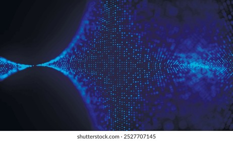 Futuristic particle wave. Abstract technology background. Rotating swirling particle shapes. Dark background. Big data visualization. Vector illustration.