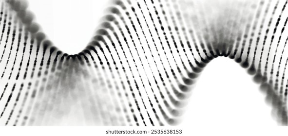 Futuristic particle wave. Abstract technology background. Rotating swirling particle shapes. Light background. Visualization sound wave. 3D widescreen. Vector illustration.