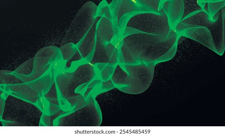 Futuristic particle wave. Abstract technology background. Rotating swirling particle shapes. Dark background. Vector illustration.