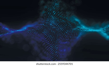 Futuristic particle wave. Abstract technology background. Rotating swirling particle shapes. Dark background. Big data visualization. Vector illustration.