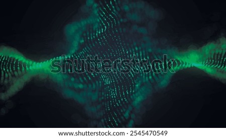 Futuristic particle wave. Abstract technology background. Rotating swirling particle shapes. Dark background. Big data visualization. Vector illustration