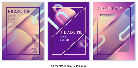 Futuristic pastel set of vector template with geometric shapes, trendy blend  liquid elements, gradient flux effect, used as cover, report, catalog, poster, banner, business presentation, advertising