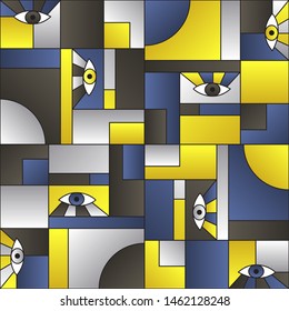 Futuristic pattern with eyes in geometric shapes grid 80s and 90s vintage fashion fabric print. Modern background design. Open eyes bauhaus geometric seamless pattern. Interior vector design.