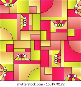 Futuristic pattern with eyes in geometric shapes grid mondrian avant garde fashion textile print. Decorative modules illustration. Open eyes bauhaus geometric seamless pattern. Interior vector design.