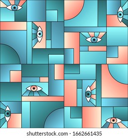 Futuristic pattern with eyes in geometric shapes grid scandinavian fashion retro textile print. Decorative modules illustration. Open eyes bauhaus geometric seamless pattern. Gradient vector design.