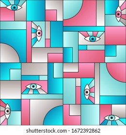 Futuristic pattern with eyes in geometric shapes grid mondrian avant garde fashion textile print. Modern background design. Open eyes bauhaus geometric seamless pattern. Interior vector design.