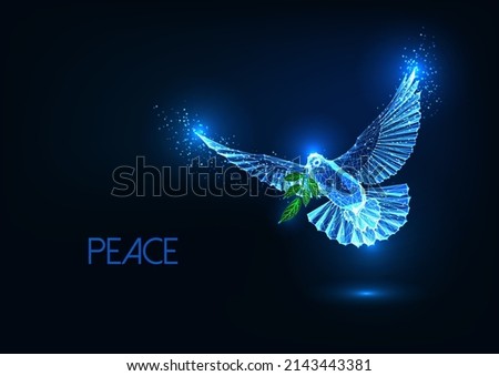 Futuristic peace concept with glowing low polygonal flying dove with olive branch isolated on dark blue 