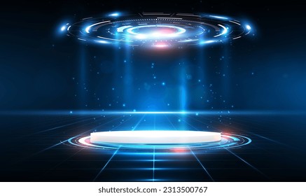 Futuristic pedestal or portal and hologram podium in cyberspace. Fantastic Circle portals, holograms teleport gadgets. Sci-fi digital hi-tech in glowing HUD projector for presentation product. Vector