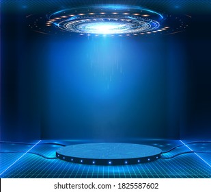 Futuristic Pedestal For Product Presentation. Fantastic Circle HUD,GUI,UI Interface Screen Design.Blank Display, Stage Or Podium For Show Product In Futuristic Cyberpunk Style.Technology Demonstration