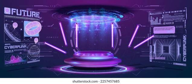 Futuristic pedestal for product presentation. Fantastic circle fui interface screen design. Blank display, stage or podium for show product in futuristic cyberpunk style. Pedestal in 3d cyberspace.