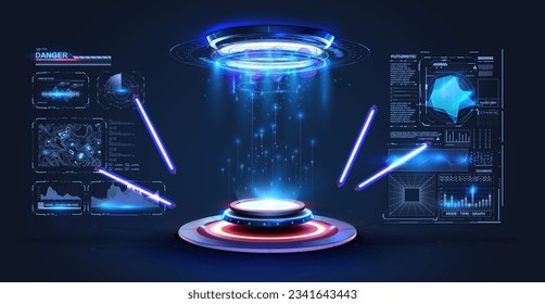 Futuristic pedestal for product presentation. Fantastic circle fui interface screen design. Blank display, stage or podium for show product in futuristic cyberpunk style. Pedestal in 3d cyberspace