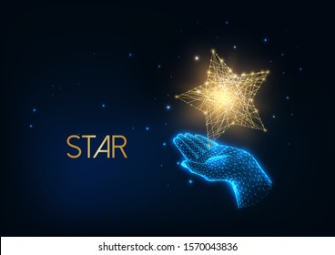 Futuristic people award, excellence concept with glowin low polygonal human hand holding golden star on dark blue background. Modern wire frame mesh design vector illustration.