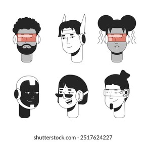 Conjunto de ilustración de avatares de Vector 2D en blanco y negro de personas futuristas. Robot futurismo gafas de adultos diversos scifi contorno caras de personajes de dibujos animados aislados. Cyberpunk flat perfil de usuario Imagen colección