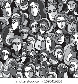 Futuristic people monochrome portraits on a black background. Seamless pattern Hippie print, batik, cubism wallpaper, wrapping paper, fashionable Textile print