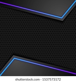 Futuristic perforated technology abstract background with blue violet neon glowing lines. Vector graphic design