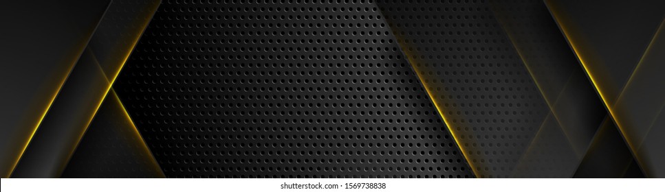 Futuristic perforated technology abstract background and yellow neon glowing lines  Vector banner design