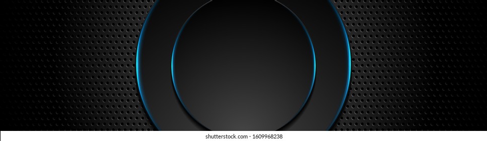 Fondo abstracto de tecnología perforada futurista con círculos brillantes de neón azul. Diseño de pancarta vectorial