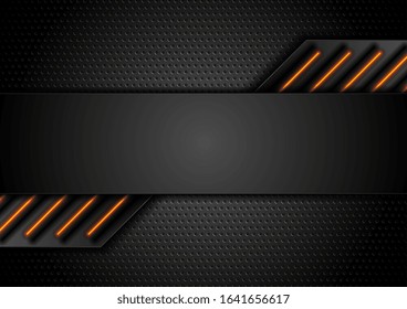 Futuristic perforated technology abstract background with orange neon glowing lines. Vector concept design