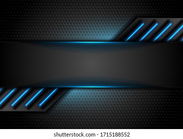 Futuristic perforated technology abstract background with blue neon glowing lines. Vector concept design